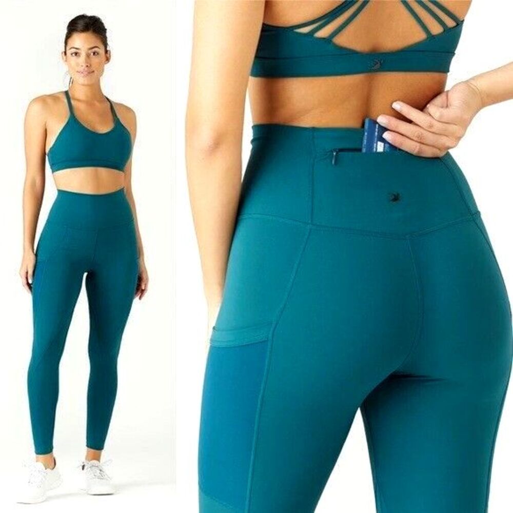 Glyder Flash Womens Size L High Waisted Leggings Dark Teal w/Pockets Gym Workout